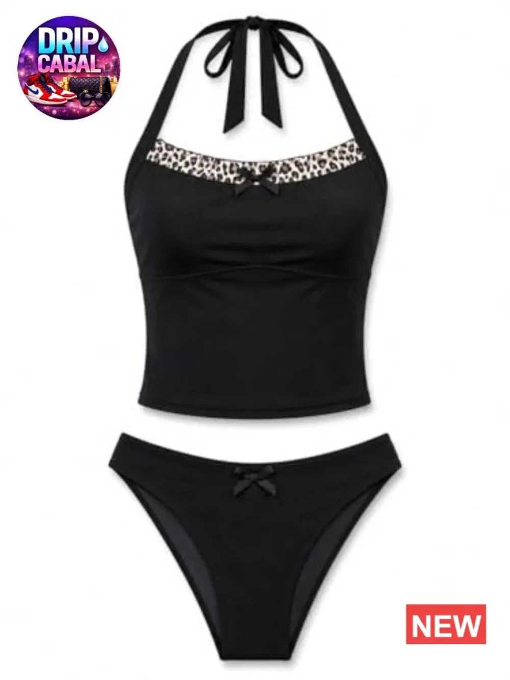 Halter Tummy Control Tankini Set with Bowknot Ruffled Neckline High Waisted Two